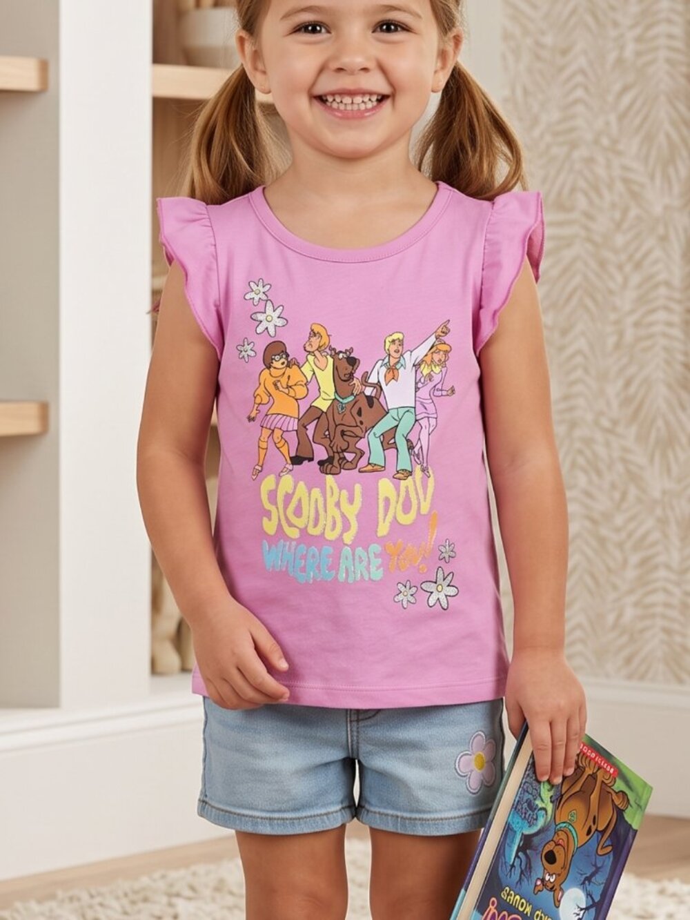 NWOT Scooby-Doo Where Are You Mystery Inc Flutter Sleeve Pink Graphic Tee Shirt